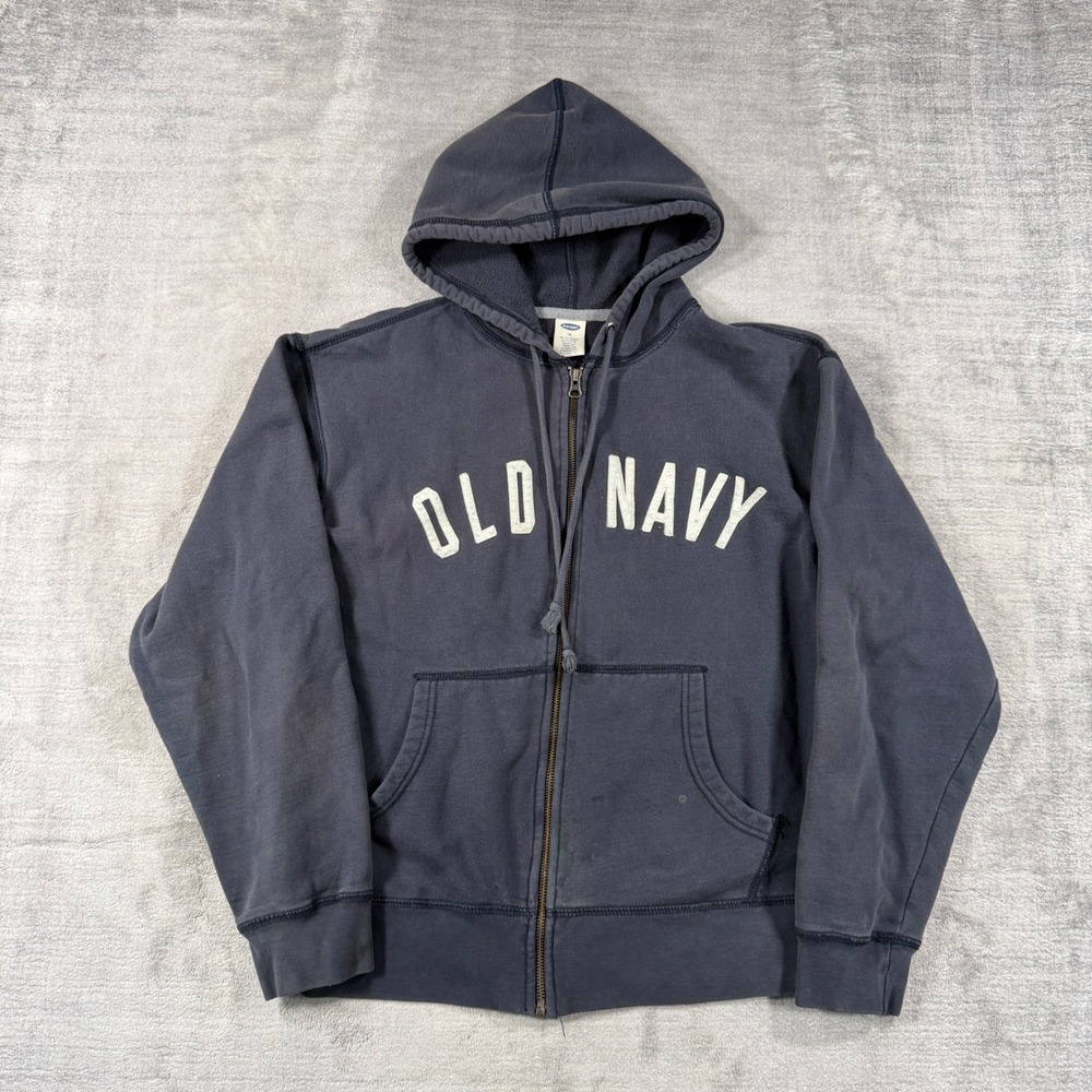 Old Navy Sweatshirt Mens Medium Blue Y2K Full Zip Hoodie Applique Logo Fleece